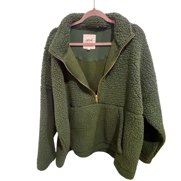 Aerie Sherpa Teddy Fleece Half Zip Pullover Hoodie Forest Green XXL Sweatshirt - Picture 2 of 7